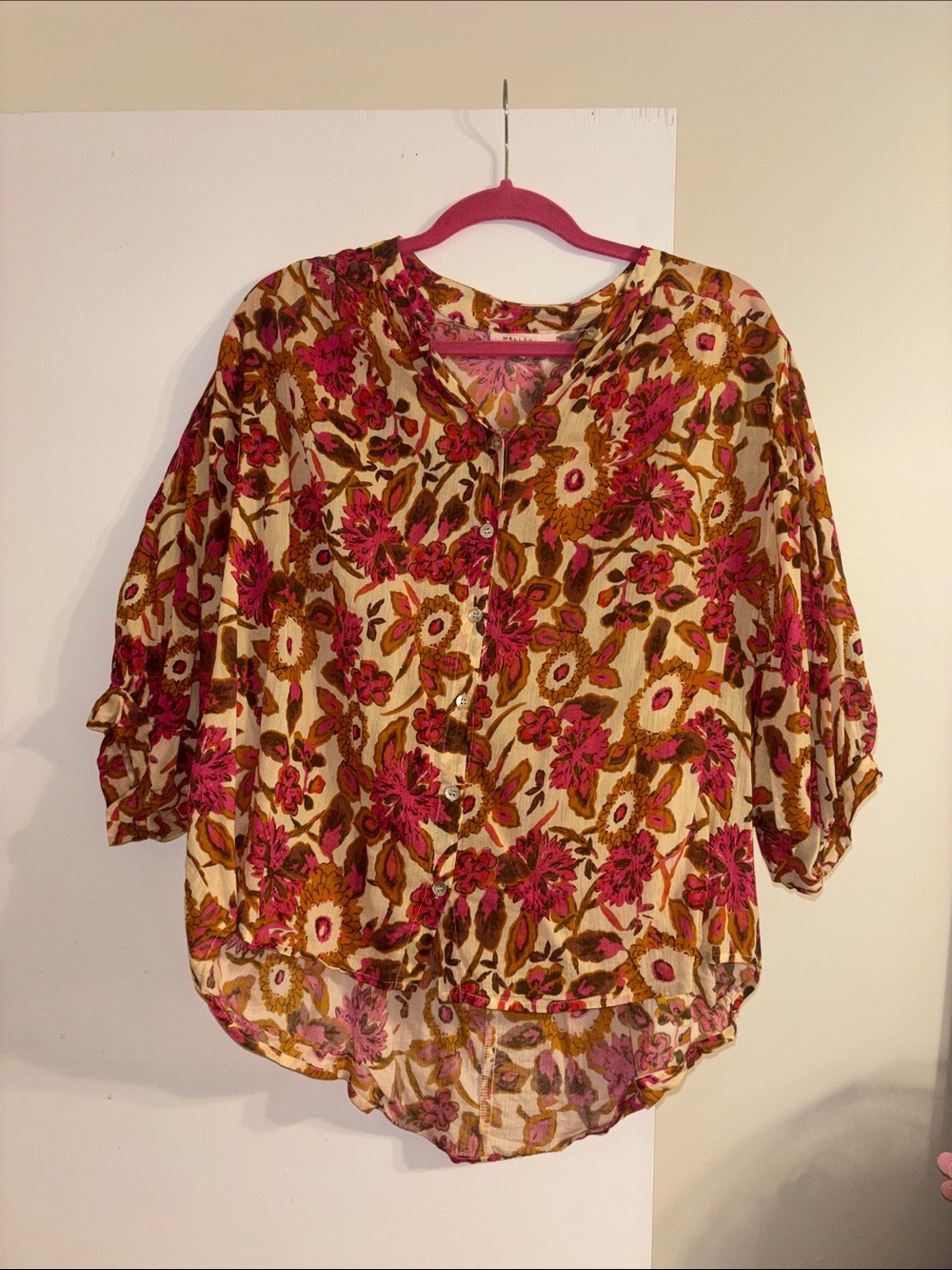Floral Button-Front Blouse in Pink and Tan